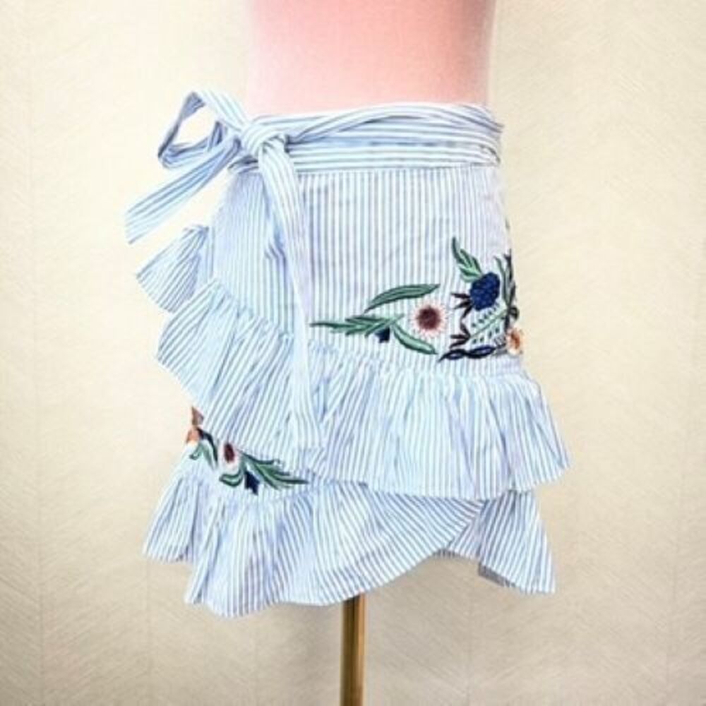 Zara Striped Floral Embroidered Ruffle Blue White Tiered Mini Skirt Womens Small